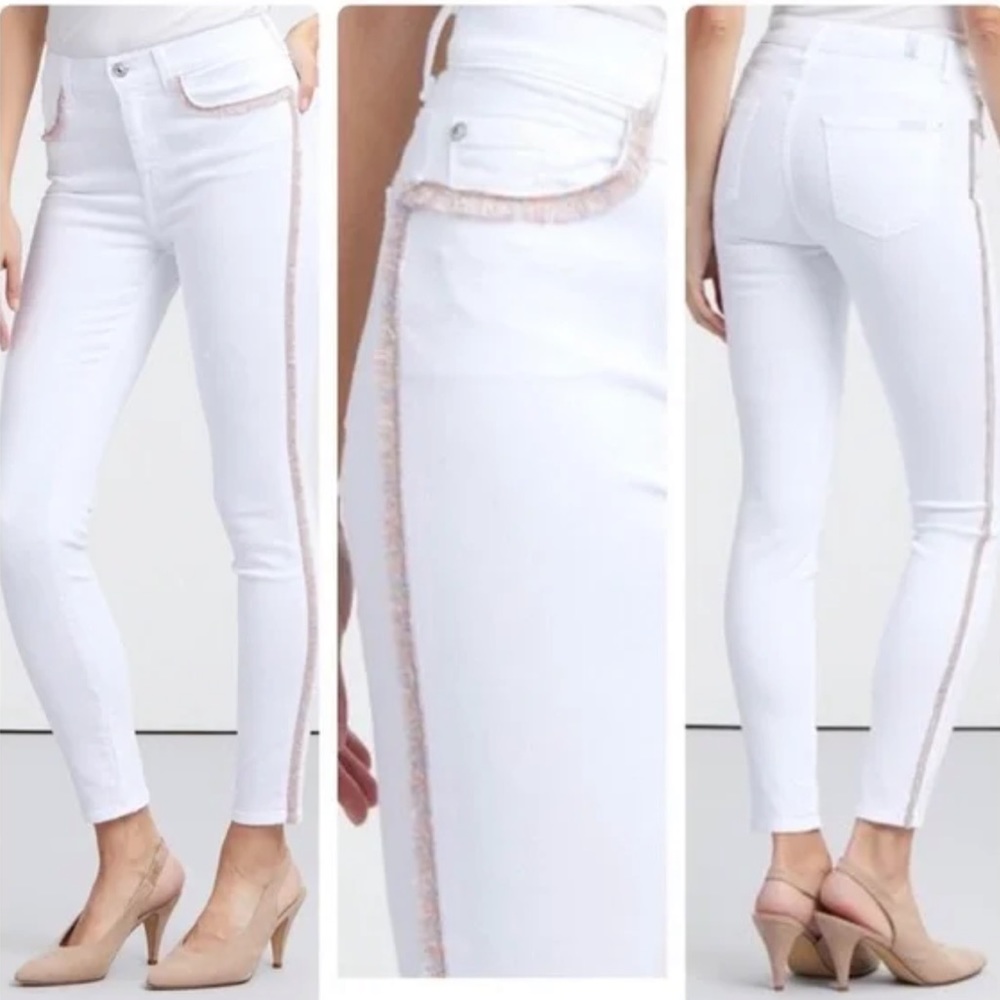7 For All Mankind High Waist Ankle Skinny w/ Rainbow Fringe Jeans White 24 NEW